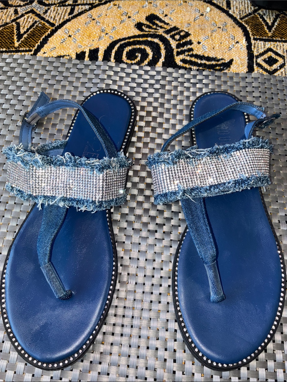Rouge Helium Blue Denim Rhinestone T-Strap Sandals